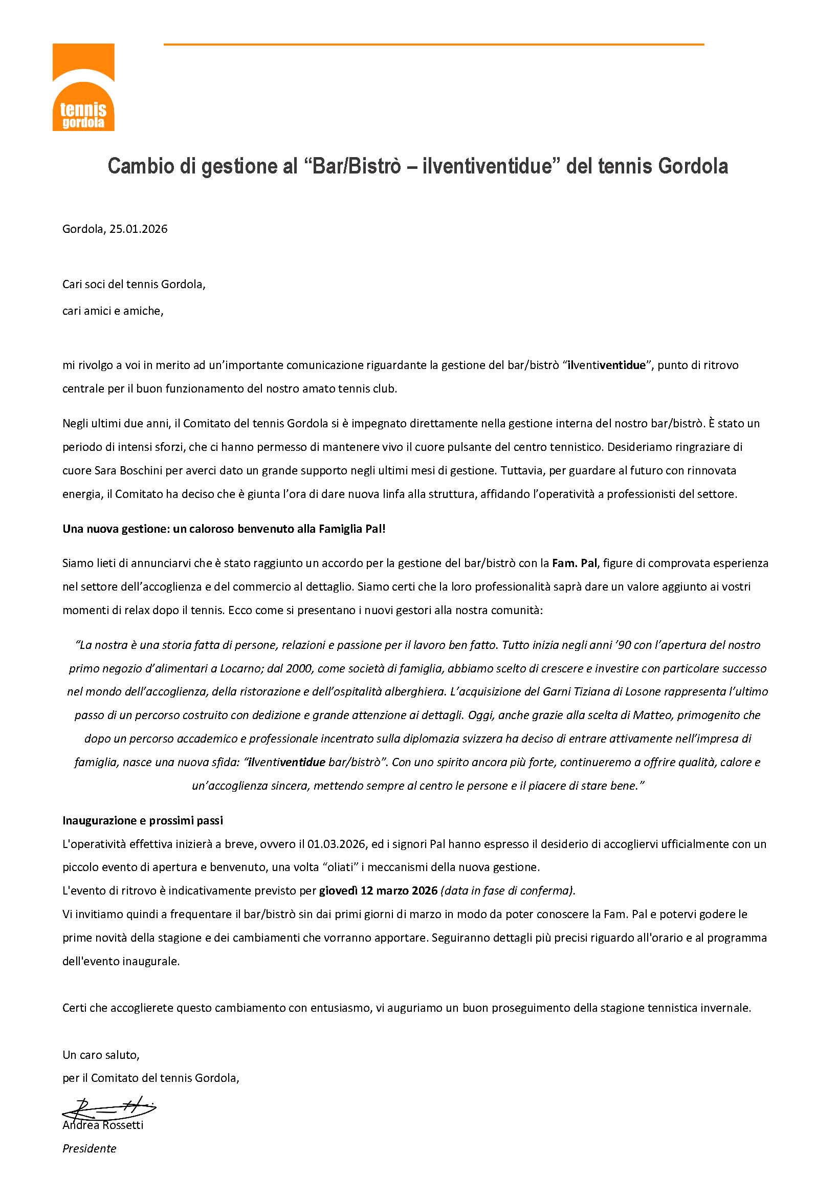 Comunicazione cambio gestione